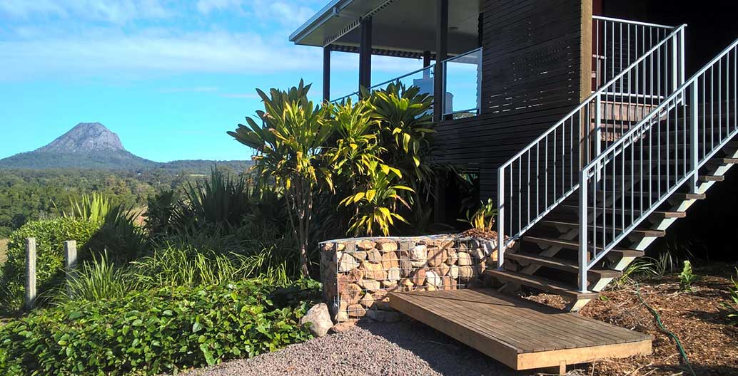 Front stairs with mountain backdrop