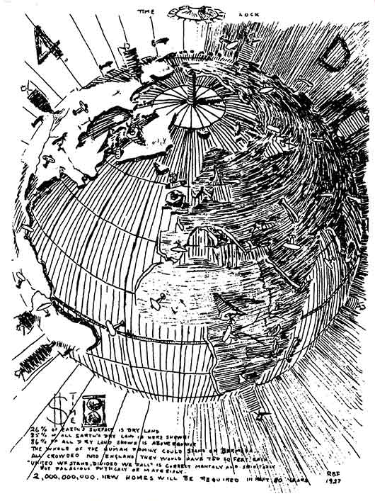 Ten years before the first electronic computer and two decades before the first Earth observation photograph, Richard Buckminster Fuller published his 1927 diagram proposing a ‘4D Air-Ocean World Town Plan’. Image: John Ferry/The Estate of R. Buckminster Fuller