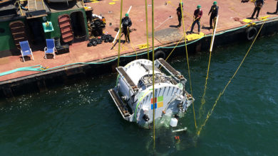 Microsoft’s 10ft by 7ft data farm takes the plunge into the Pacific Ocean.