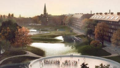 Proposal for another one of Copenhagen's water-sensitive parks, Hans Tavsens, after a heavy rain. Image: SLA.