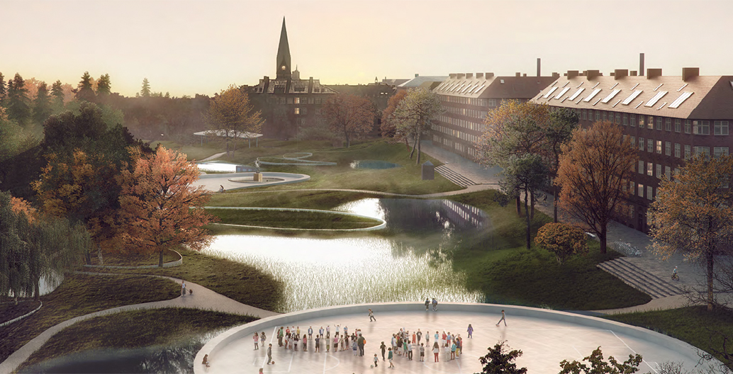 Proposal for another one of Copenhagen's water-sensitive parks, Hans Tavsens, after a heavy rain. Image: SLA.
