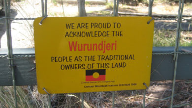 A sign in Coburg, Melbourne, acknowledging the Wurundjeri people as the original owners of the land it sits on.
