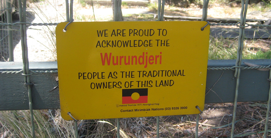 A sign in Coburg, Melbourne, acknowledging the Wurundjeri people as the original owners of the land it sits on.