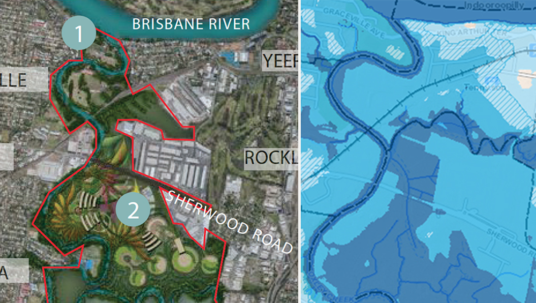 L: section of the Oxley Creek vision, with the 'Destination Food' development at no.2; R: BCC's floodmap for the area, showing high risk flood areas in dark blue, medium risk in lighter blue.