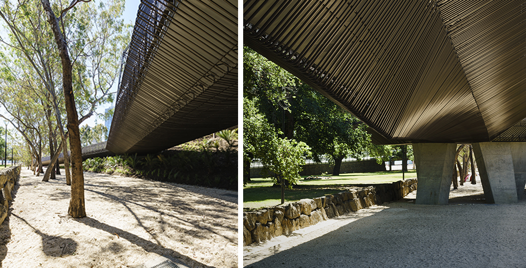 Tanderrum Bridge's concrete spans are wrapped in a lightweight weave of steel rods.