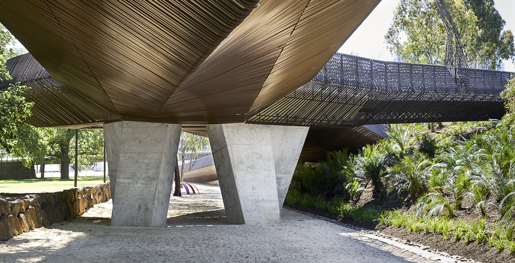 The sculptural qualities of Tanderrum Bridge mean the experience of walking below it is just as rich as walking across it.