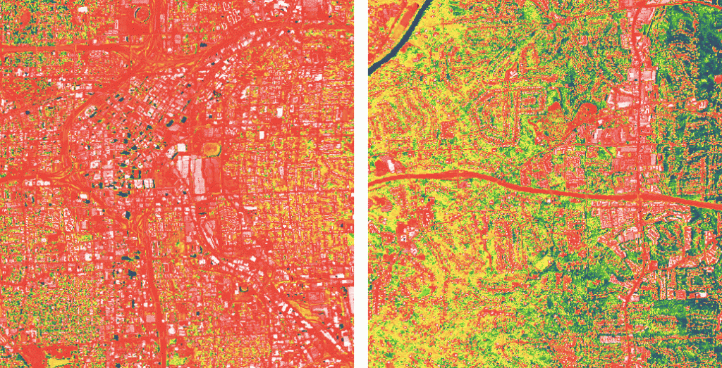 Daytime heat differential between a green suburb and a concrete downtown can be as much as 5 degrees