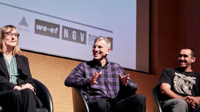 Ron Jones, centre, speaking at the Foreground Urban Ecology panel at the National Gallery of Victoria.