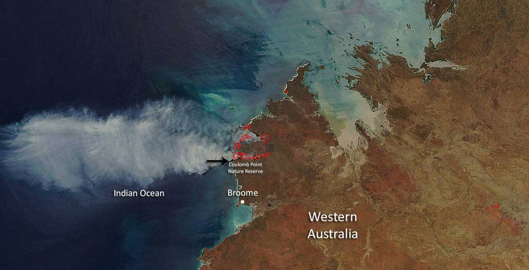 Bushfires producing copious smoke north of Broome, Australia (2015). Image courtesy of NASA.