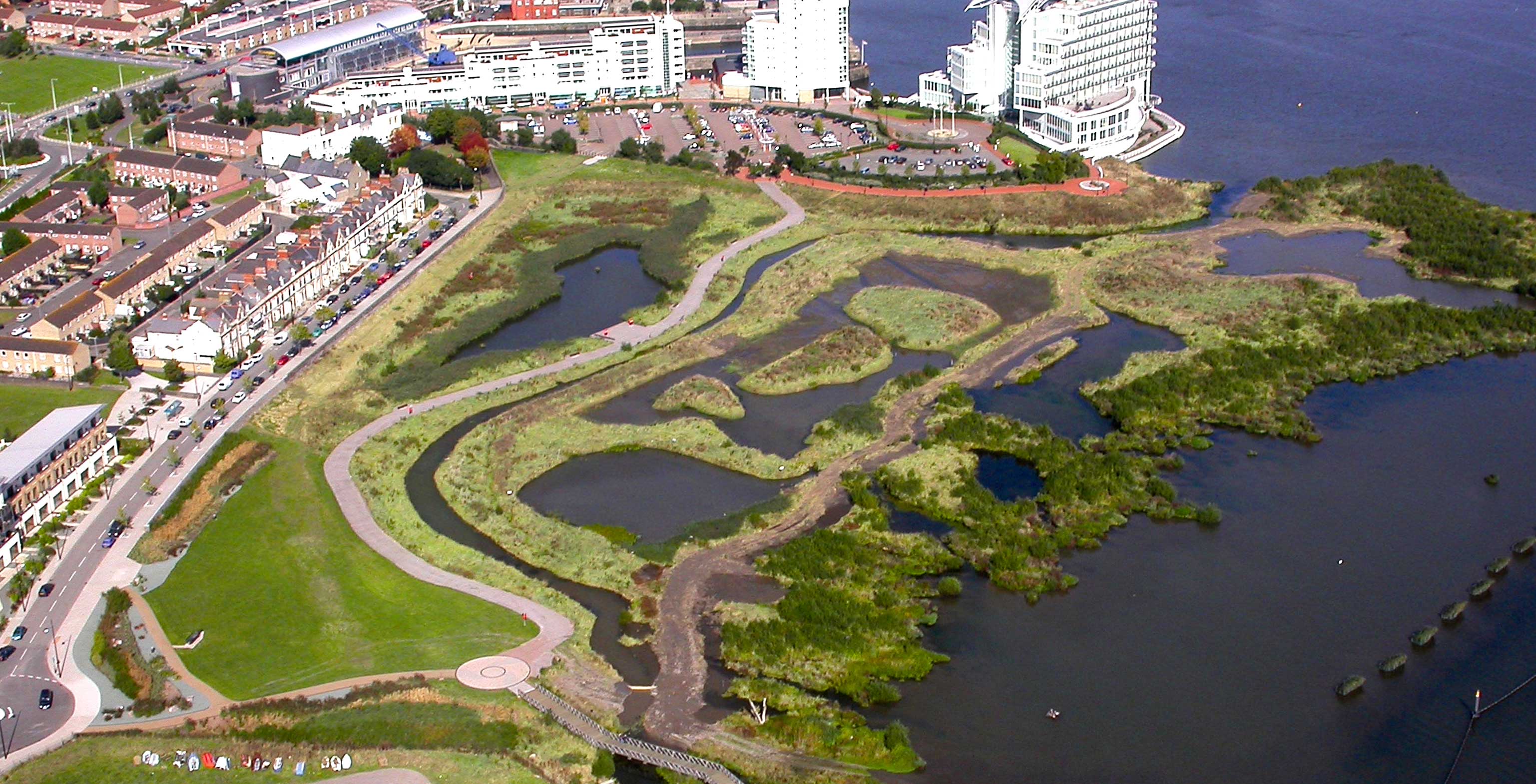 An aerial view of Cardiff's wetlands.