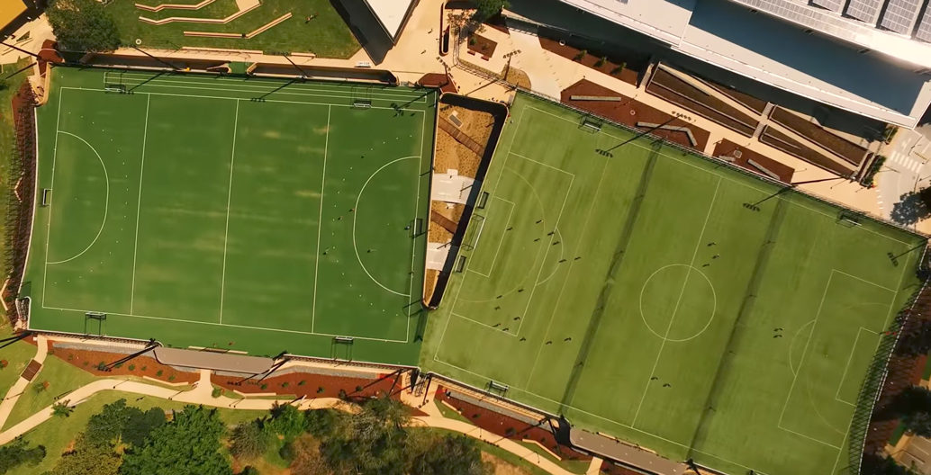 UQ's hockey and soccer pitches from above. Image: UQ.