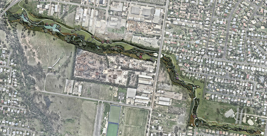 An aerial view of the creek's naturalisation masterplan.