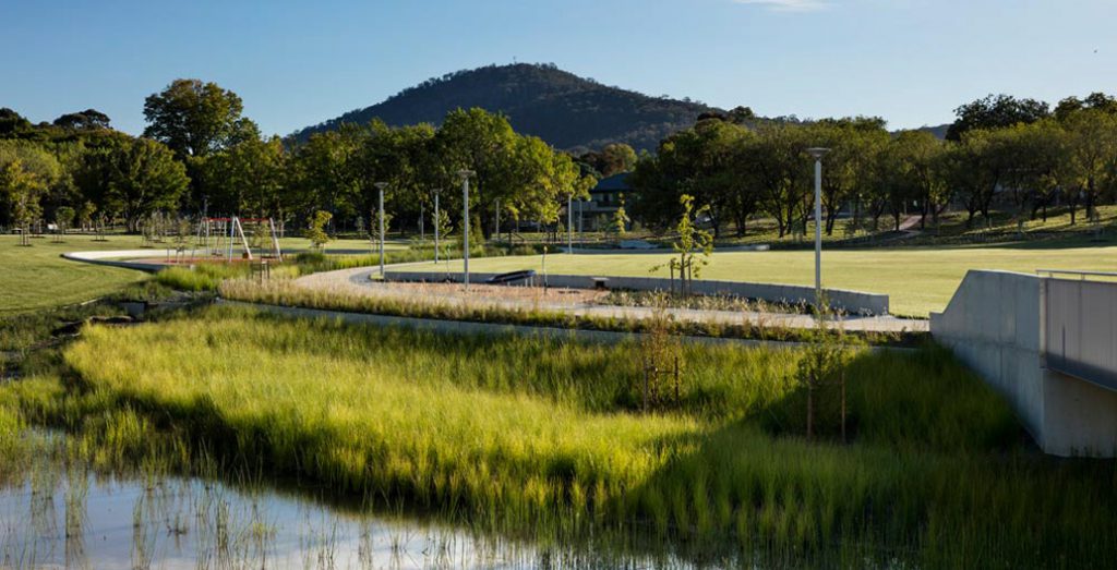 Connecting to the landscape axis: view across Hassett Park to Mount Ainslie.