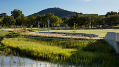 Connecting to the landscape axis: view across Hassett Park to Mount Ainslie.