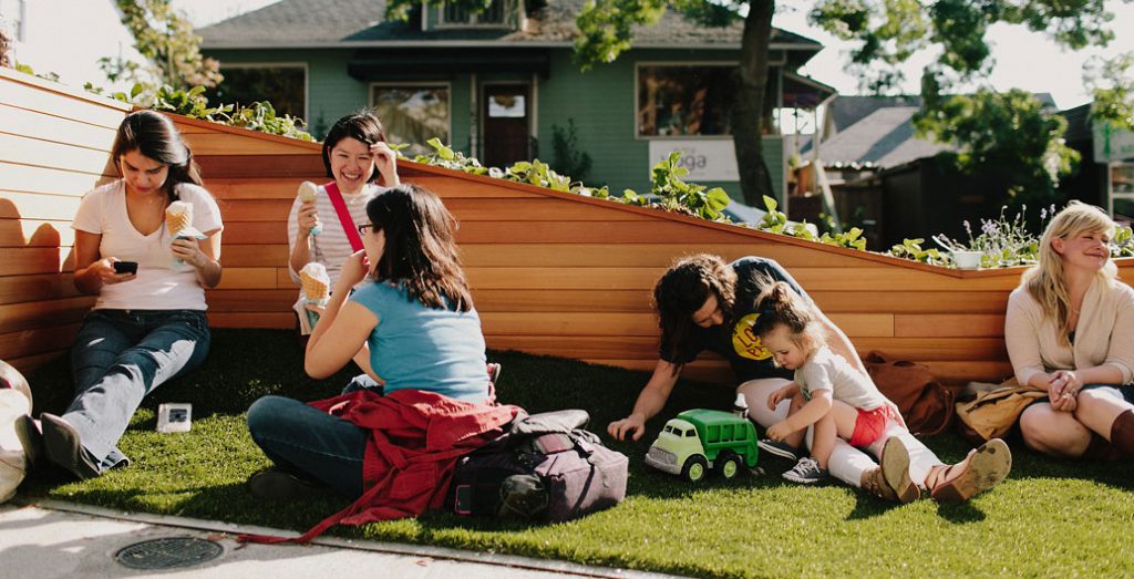 Pundits cite parklets as urban interventions that foster a sense of social inclusion. Image: Seattle Department of Transport.