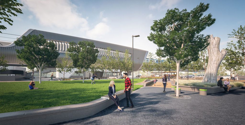 An artist's impression of the Noble Park Station precinct, sitting in Melbourne's south-east. Image: LXRA.