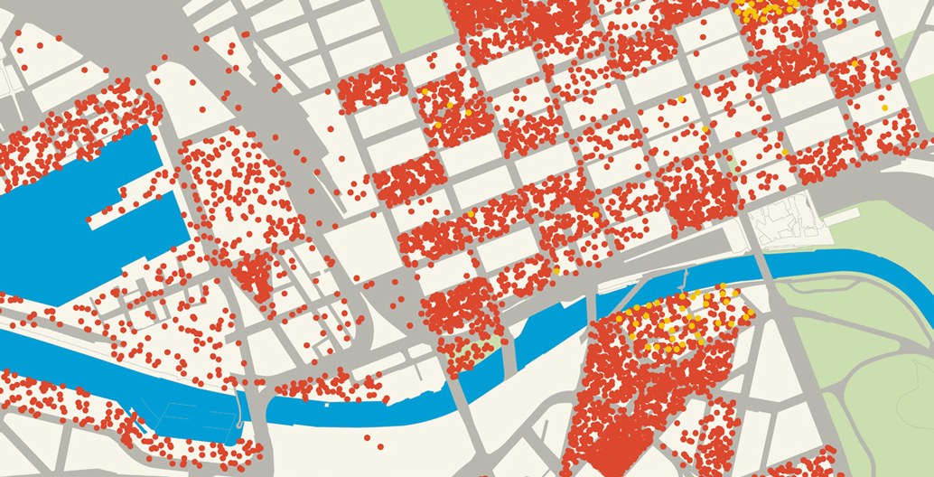 Yellow dots represent the number of CBD dwellings in 1985, compared to the red in 2016.