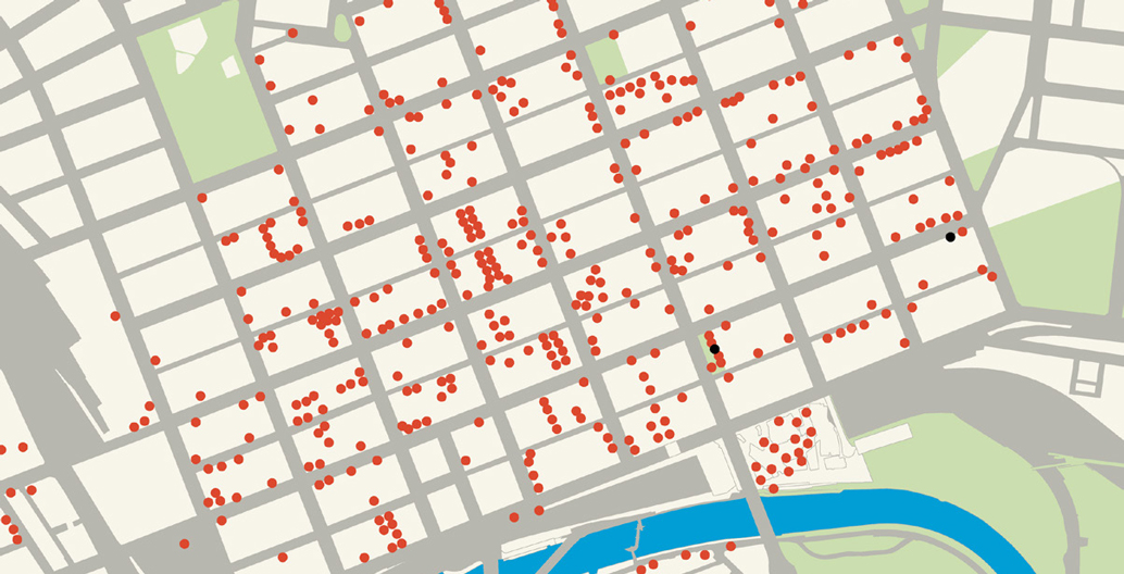 Melbourne's kerbside cafes in 2016 are marked by red dots, compared to the paltry black ones representing 1985.