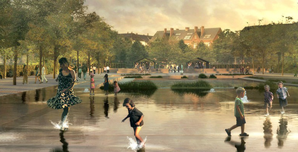 A 'water square' in Copenhagen that will be able to collect 26,000 m³ of water. Image: Tredje Natur, Cowi, and Platant.