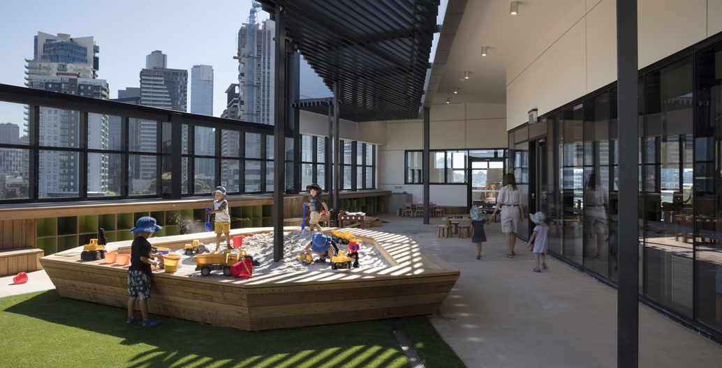 The school's early learning centre sits atop the primary school, giving the sand-pit city views. Image: Diana Snape.