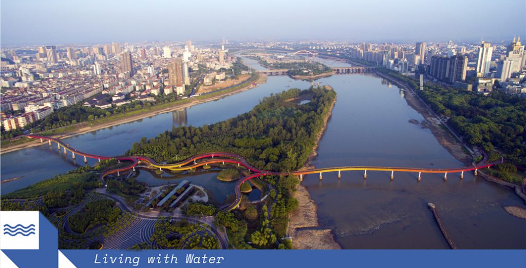 WAF’s 2015 Landscape of the Year Yanweizhou Park has given Jinua City a new cultural and community identity. The “sparrow tail” wetlands, circular bioswales, ‘cut and fill’ terraced riverbank and entirely permeable surrounds “make friends” with flooding. Image: Turenscape.