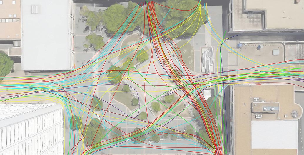 Mapping the pedestrian flow across Woden Town Square. The coloured lines represent different types of user.