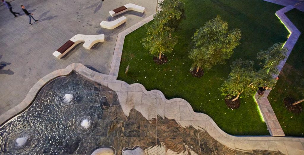Artist Jon Tarry's Waterline is one of a number of art installations in Yagan Square