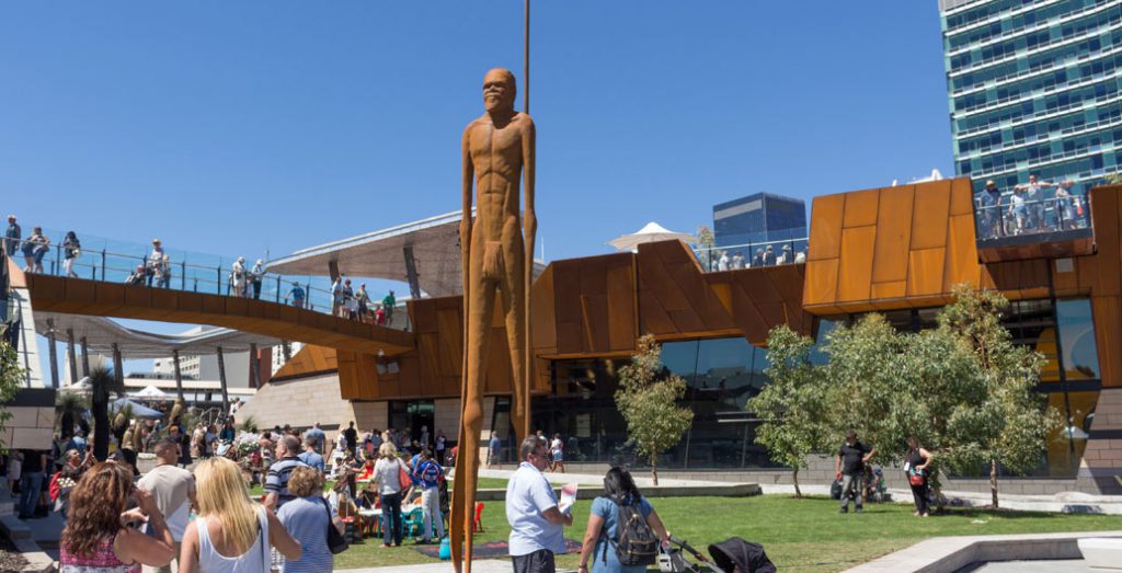 Artist Lance Chadd / Tjyllungoo's Wirin is a 9 metre high figure that surveys Yagan Square.
