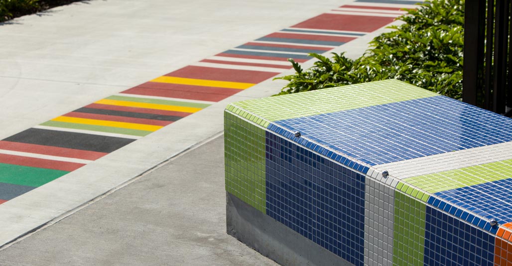 Seats and pavements feature colours taken from the flags of Logan's most prominent nationalities. Image: supplied