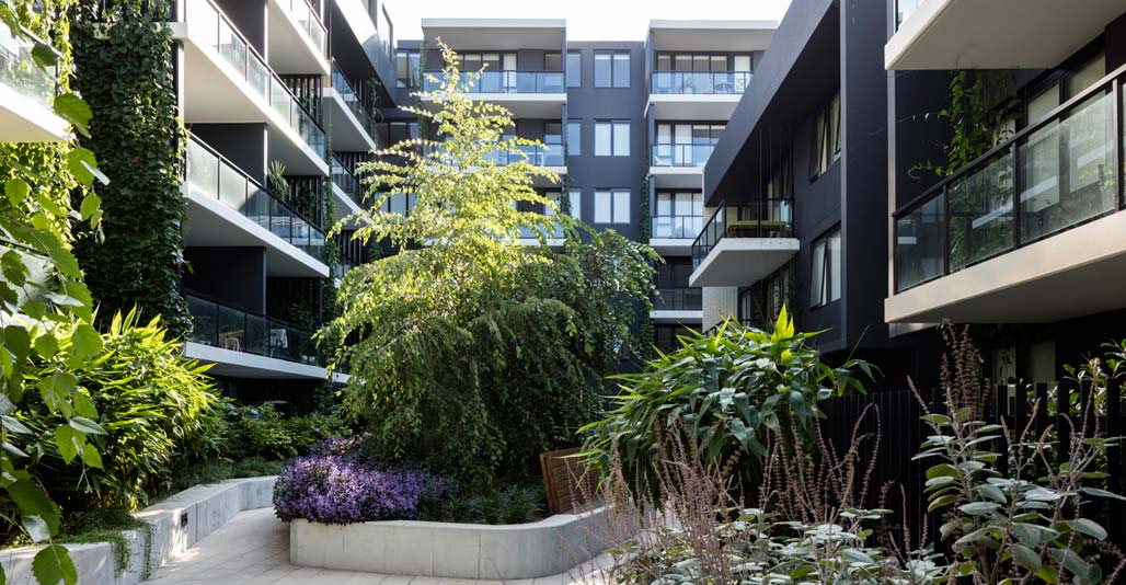 Internal courtyards embrace microclimatic conditions for a cool communal living experience. Image: Brett Boardman