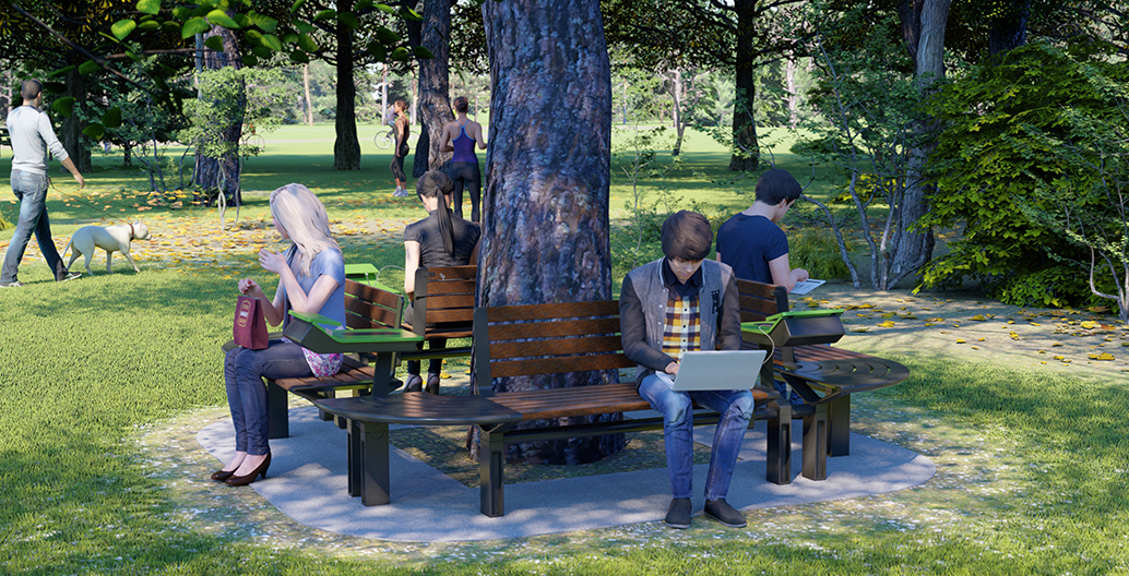 The modular Aria system can be configured to match your site. PowerMe™ Tables provide outdoor charging and public wifi.