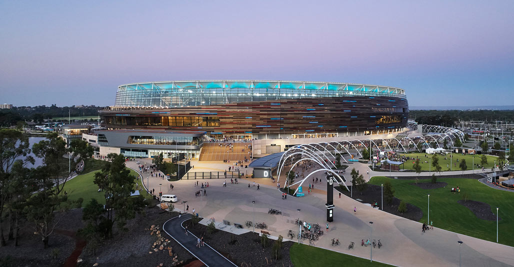 Design around the stadium building followed extensive pedestrian modelling. Image: Peter Bennetts