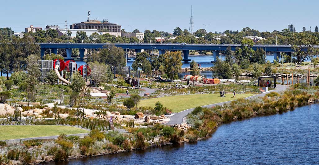 Newly established play spaces at Optus Stadium Park. Image: Peter Bennetts