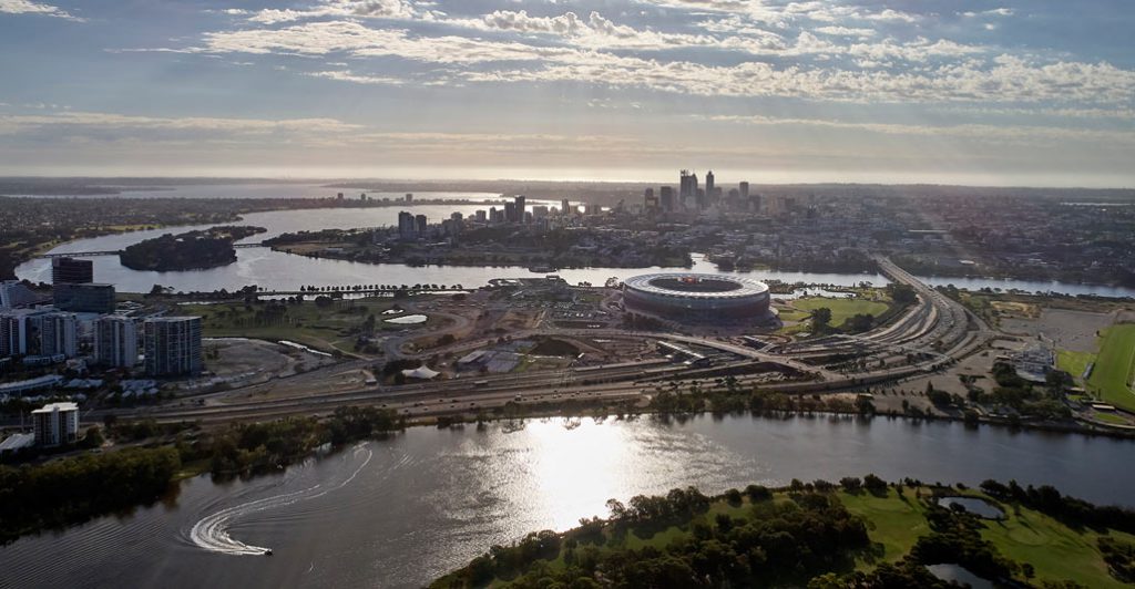 Optus Stadium Park on the Burswood Peninsula. Image: Peter Bennetts