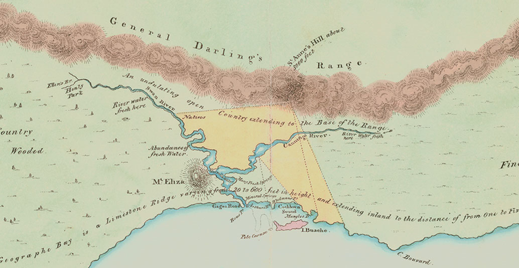 Stirling’s Chart of 1827 foregrounds the presence of freshwater across the Swan Coastal Plain.