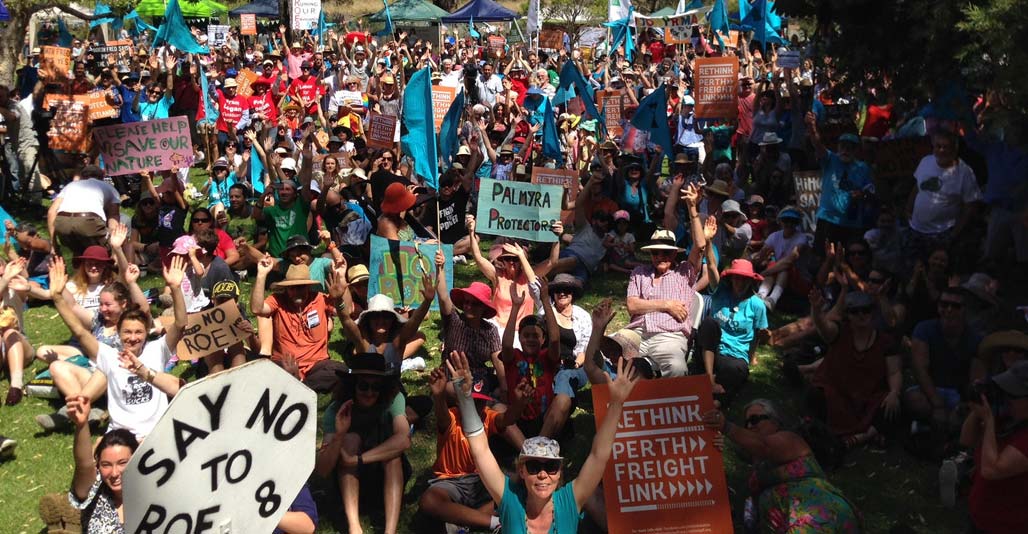 Community protests against the Roe 8 highway link saved Beeliar wetlands. Image: GreensMP, Flickr CC2.0