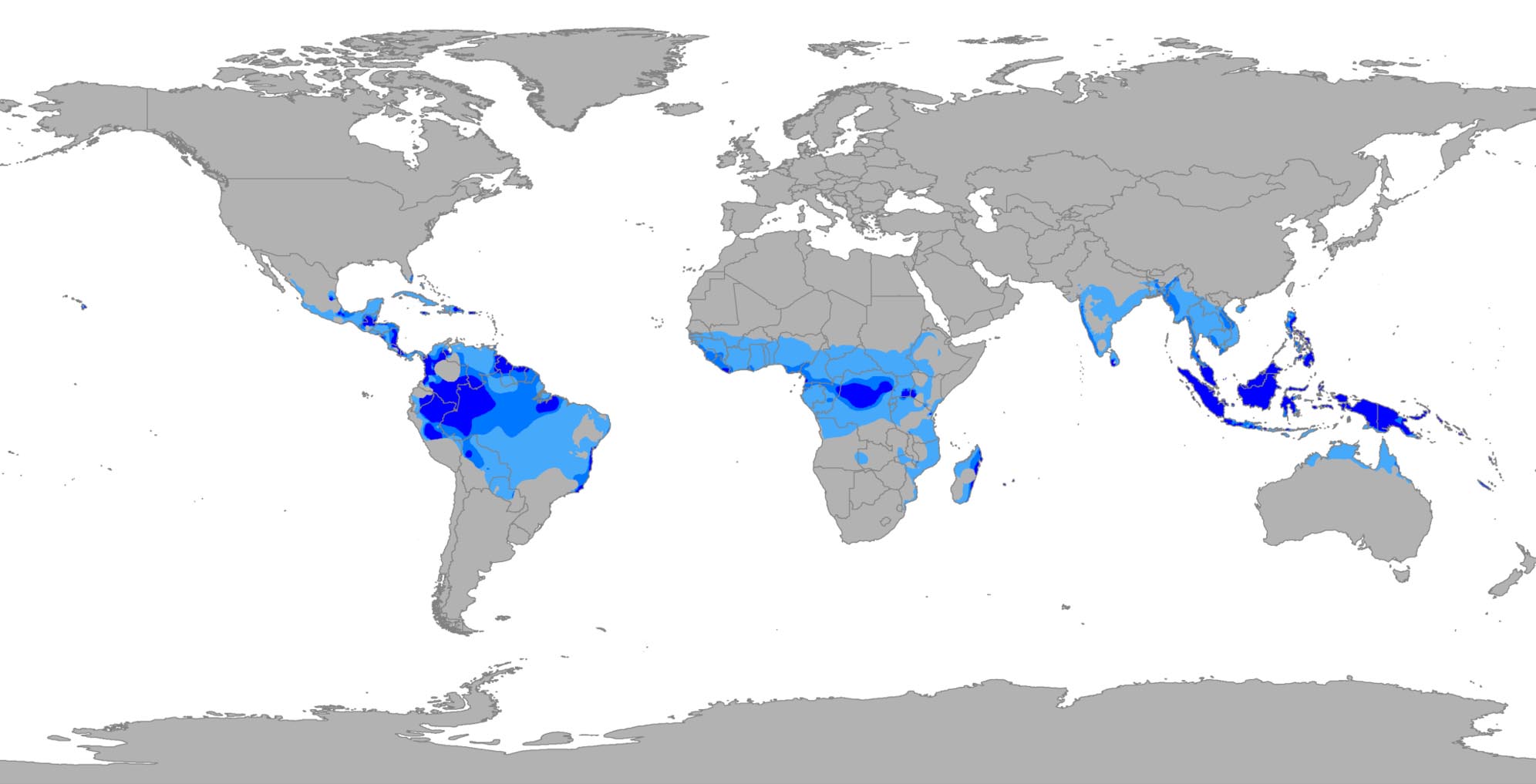 The tropical regions of the world, taken from the Koppen-Geiger climate classification map