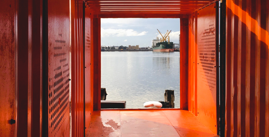 The re-purposed shipping container also frames views of the historic docks. Image: M.Chapman/K.Martin