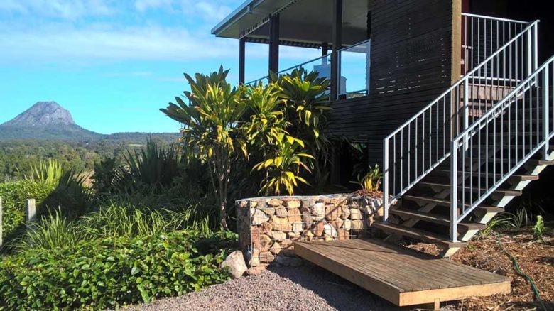 Front stairs with mountain backdrop