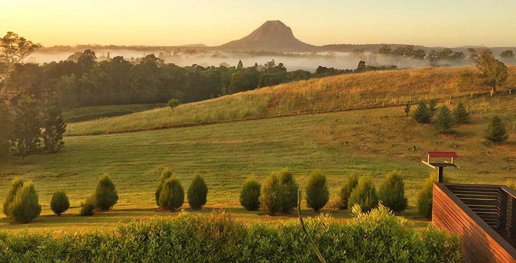 View of Mount Pinbarren from the verandah at dawn.