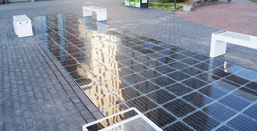 A trial section of modular solar paving outside a shopping mall.