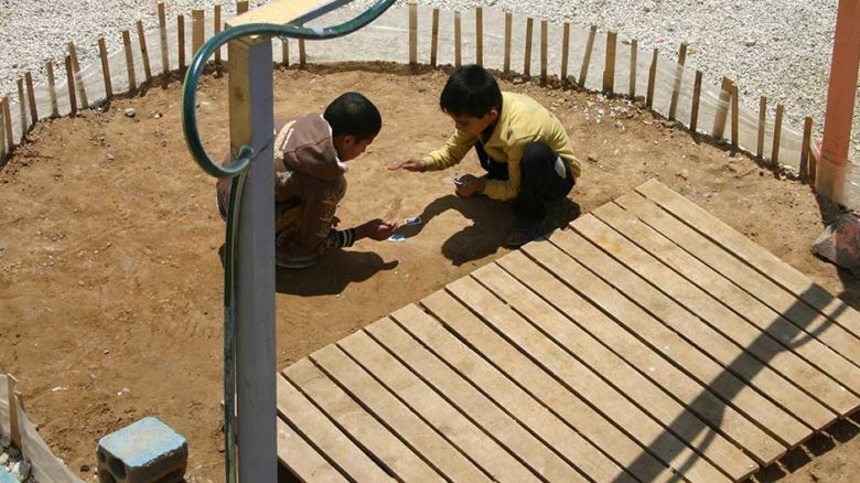 A playground, however informal and temporary, is immediately put to good use.