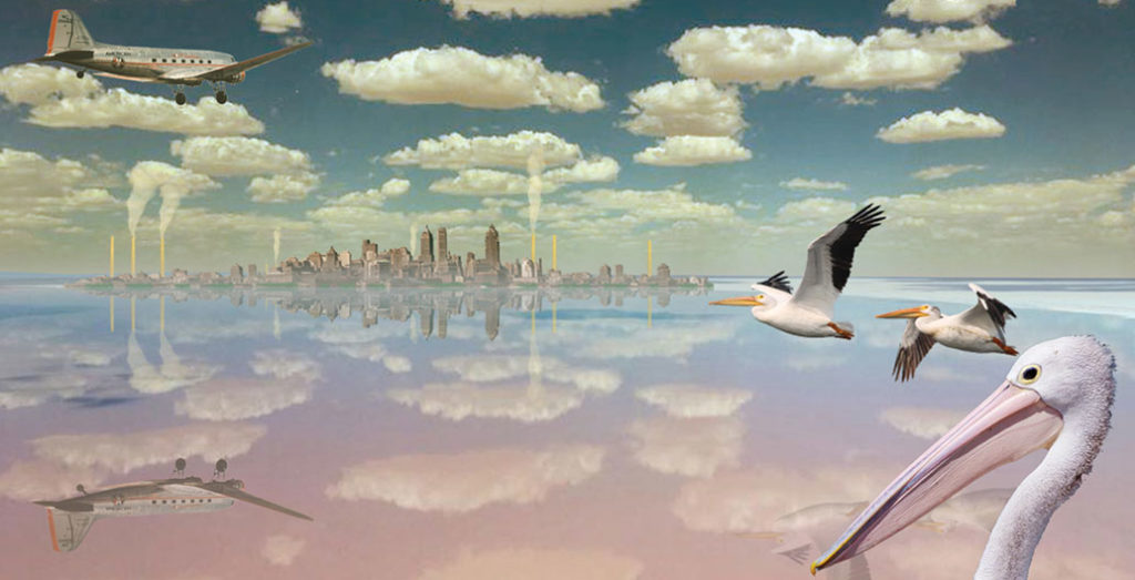 A "ghost city" – artist's impression of Ion Idriess' never realised proposal to flood and urbanise Australia's Lake Eyre.