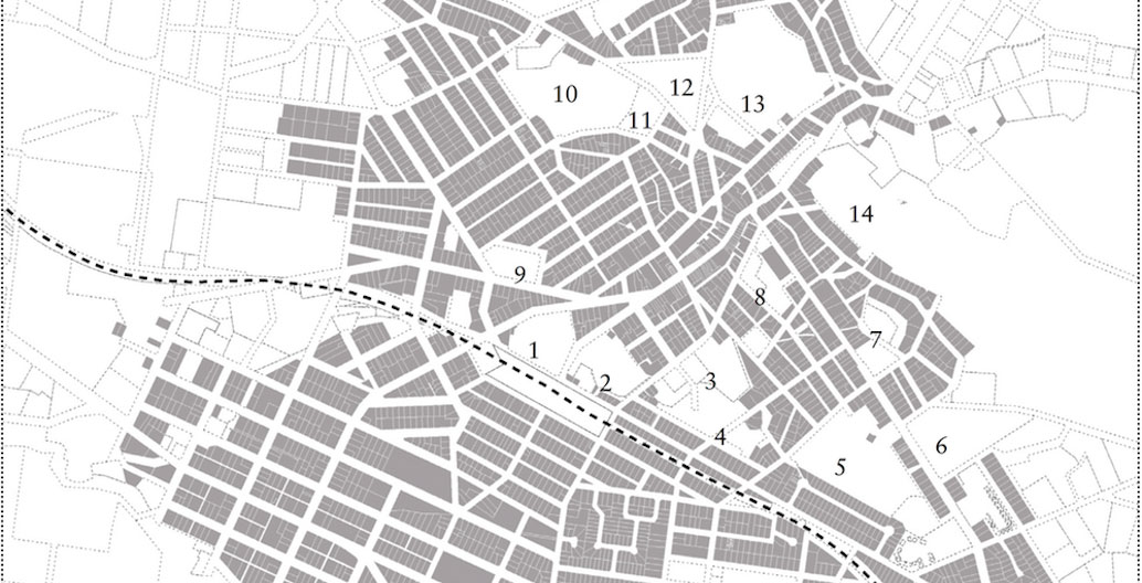 Fourteen key open spaces in Stawell showing the correlation of past mining sites with new public functions from parks to schools.