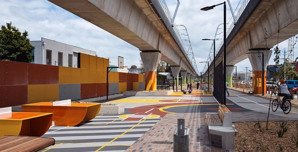 Table Tennis provided as part of new public plaza spaces by ASpect Studios beneath elevated rail. Photo: Peter Bennetts Photography