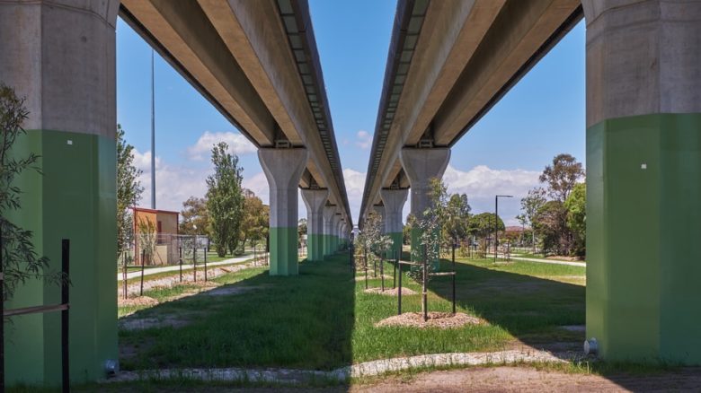 Elevated rail frees space for extensive tree planting and public green space. Photo: Peter Bennetts Photography