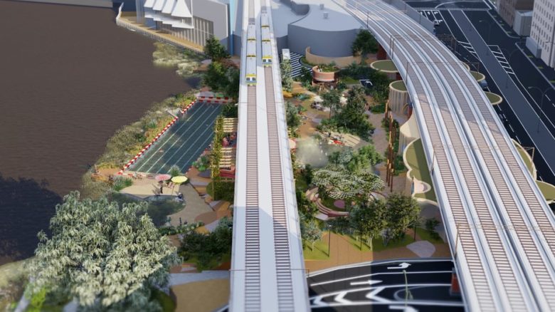 Bird's eye view of Yarra Pools and WOWOWA proposal for swimming on the Yarra. Image: WOWOWA