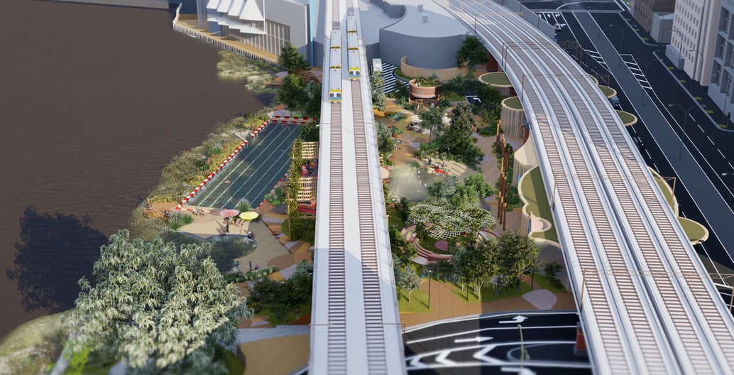 Bird's eye view of Yarra Pools and WOWOWA proposal for swimming on the Yarra. Image: WOWOWA