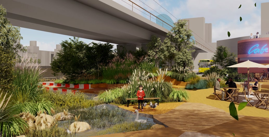 Lush vegetation by the proposed cafe and pool by Yarra Pools and WOWOWA, Melbourne. Image: WOWOWA