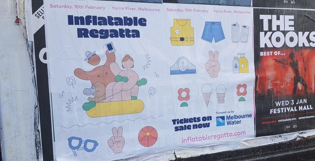 Posters advertise the popular 'Inflatable Regatta' in Melbourne. It is a fun, safe, sensory-rich experience of an urban river.